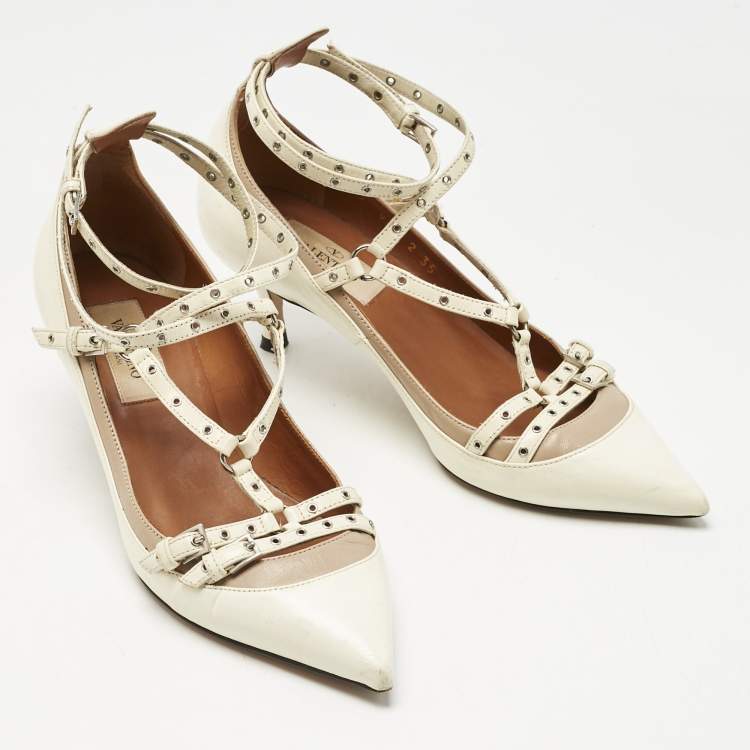Pre Owned Valentino Cream/Beige Leather Kitten Heels Ankle Strap Pointed Toe Pumps Size 35