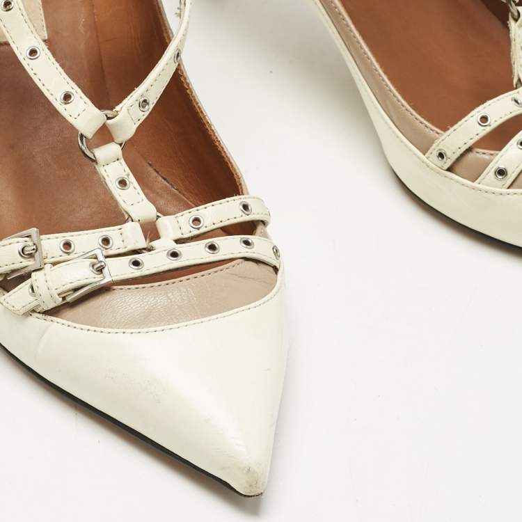 Pre Owned Valentino Cream/Beige Leather Kitten Heels Ankle Strap Pointed Toe Pumps Size 35
