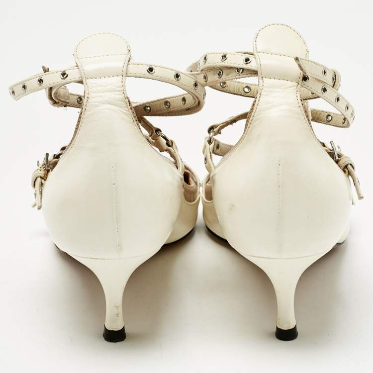 Pre Owned Valentino Cream/Beige Leather Kitten Heels Ankle Strap Pointed Toe Pumps Size 35
