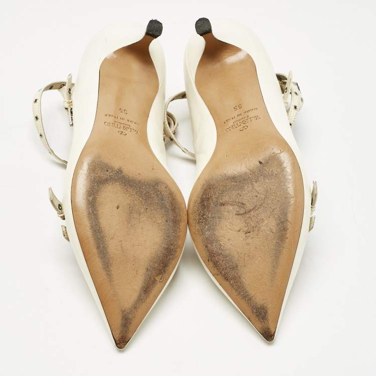 Pre Owned Valentino Cream/Beige Leather Kitten Heels Ankle Strap Pointed Toe Pumps Size 35