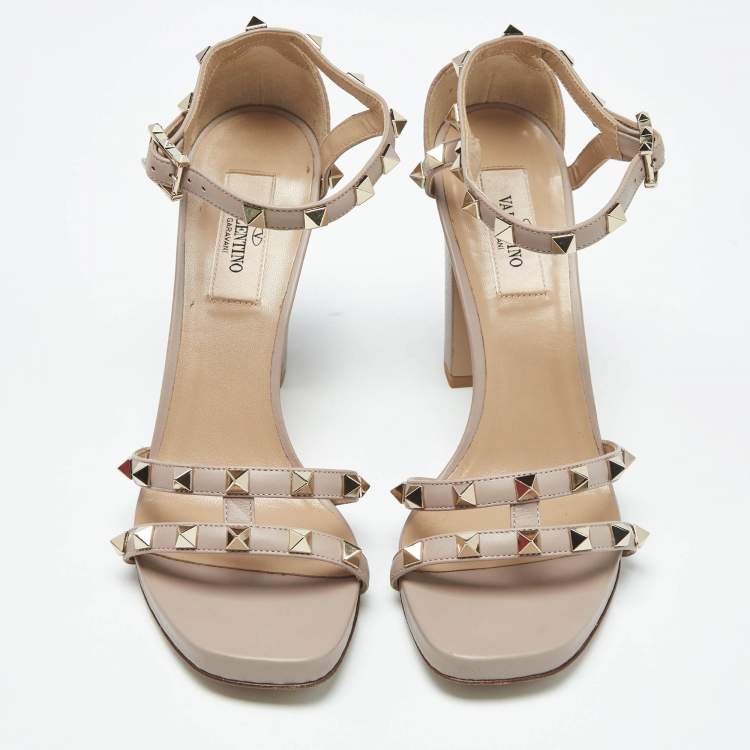 Pre Owned Valentino Beige Leather Rockstud Ankle Strap Sandals Size 36.5