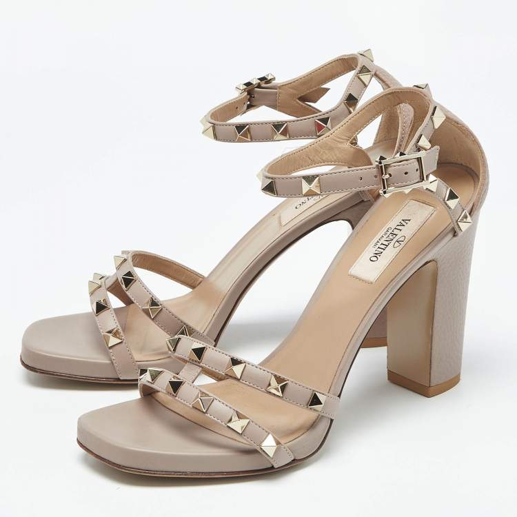 Pre Owned Valentino Beige Leather Rockstud Ankle Strap Sandals Size 36.5