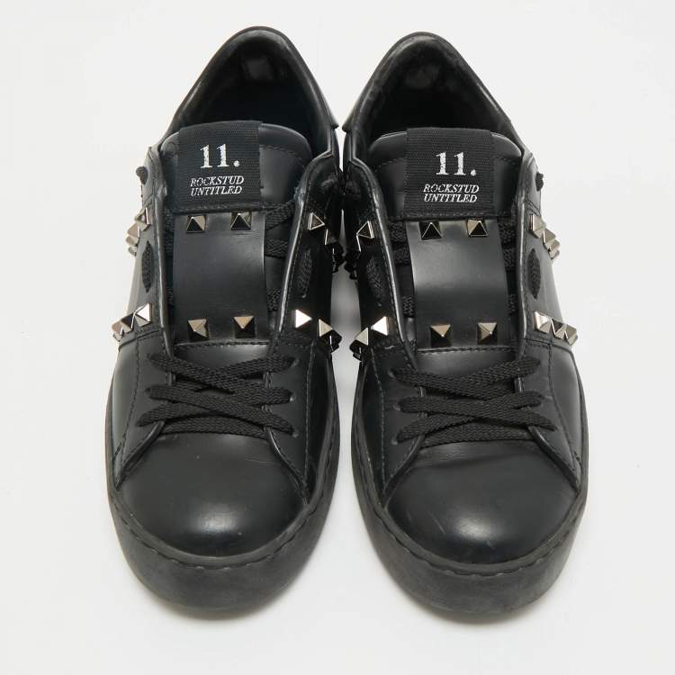 Pre Owned Valentino Black Leather Rockstud Low Top Sneakers Size 37