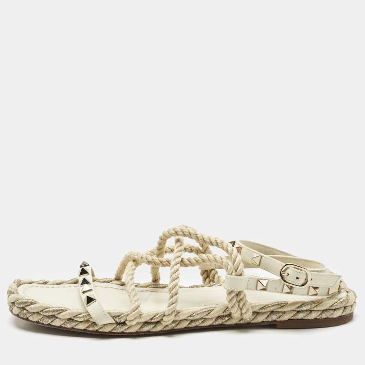 Pre Owned Valentino Cream Woven Fabric Rockstud Torchon Sandals Size 38