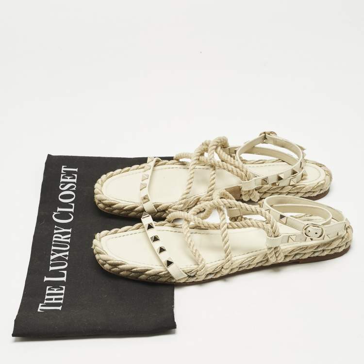 Pre Owned Valentino Cream Woven Fabric Rockstud Torchon Sandals Size 38