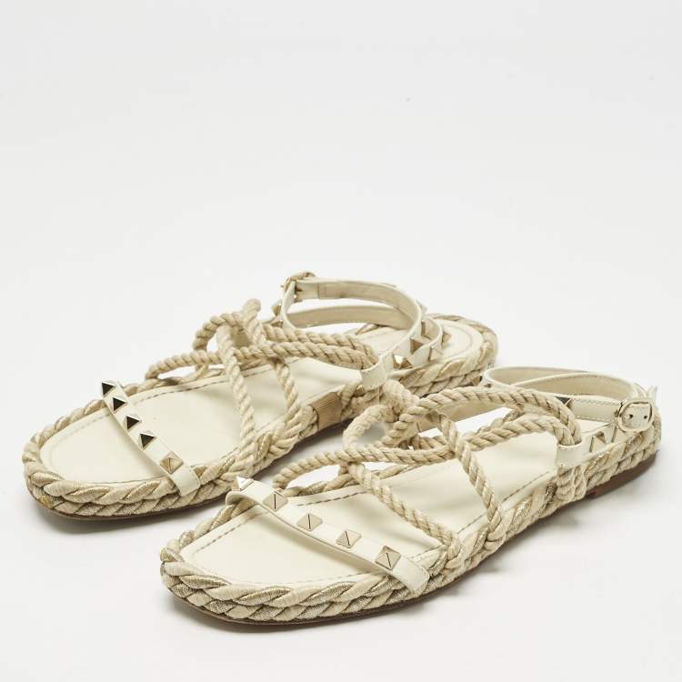 Pre Owned Valentino Cream Woven Fabric Rockstud Torchon Sandals Size 38