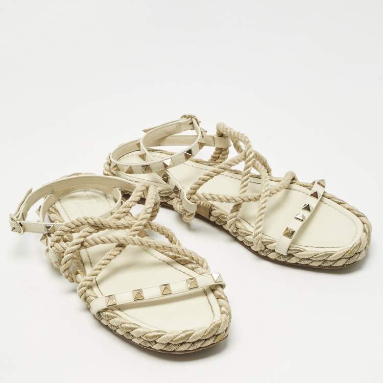 Pre Owned Valentino Cream Woven Fabric Rockstud Torchon Sandals Size 38