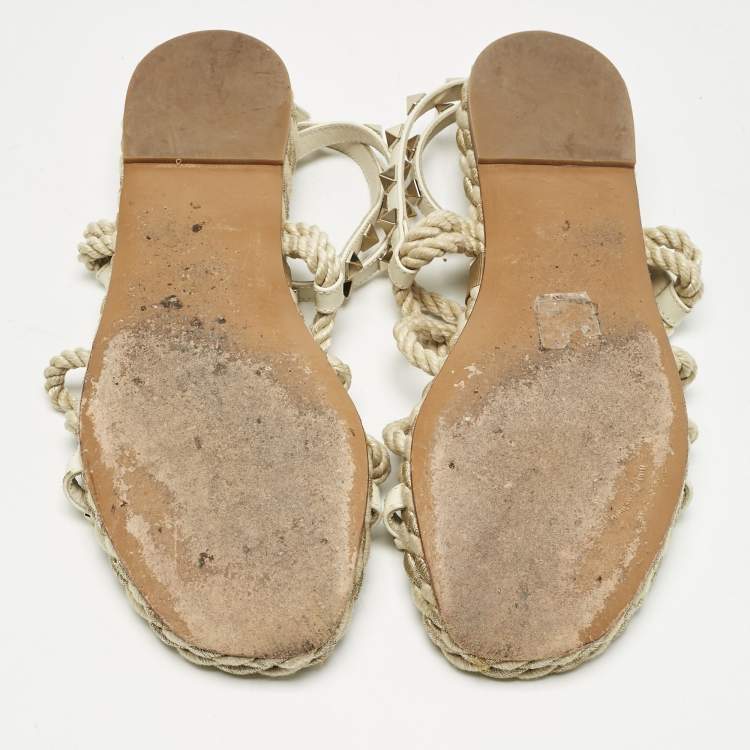Pre Owned Valentino Cream Woven Fabric Rockstud Torchon Sandals Size 38
