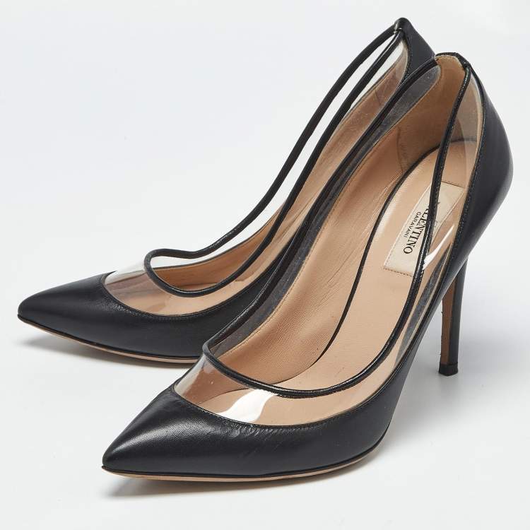 Pre Owned Valentino Black Leather and PVC Dollybow Pointed Toe Pumps Size 37