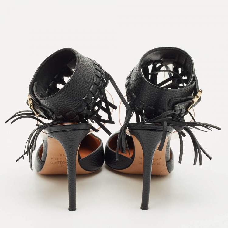 Pre Owned Valentino Black Leather C-Rockee Fringe Ankle Strap Sandals Size 35
