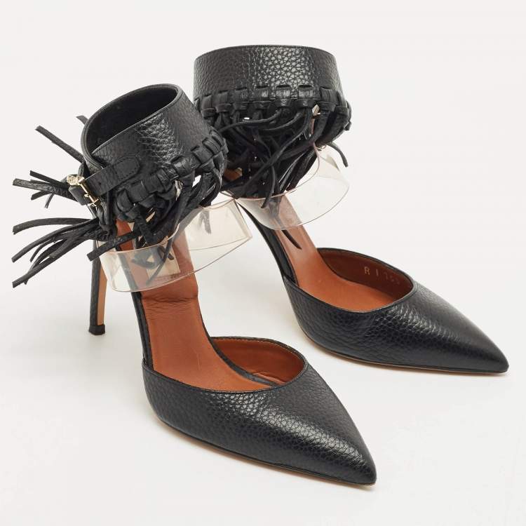 Pre Owned Valentino Black Leather C-Rockee Fringe Ankle Strap Sandals Size 35