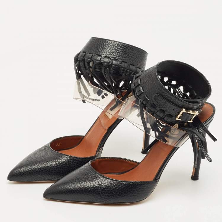 Pre Owned Valentino Black Leather C-Rockee Fringe Ankle Strap Sandals Size 35