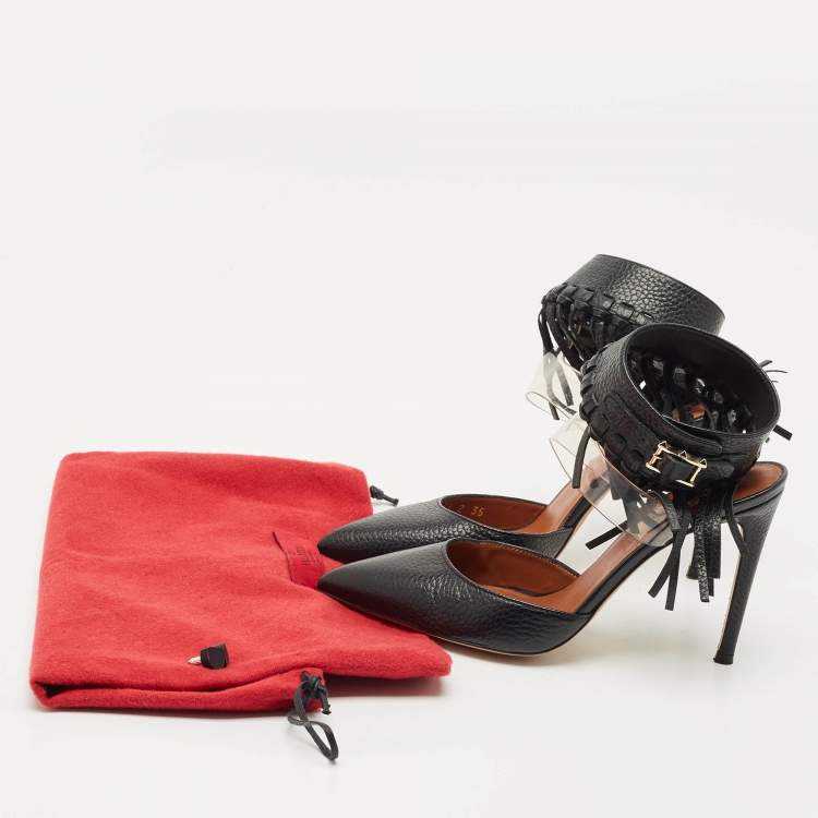 Pre Owned Valentino Black Leather C-Rockee Fringe Ankle Strap Sandals Size 35