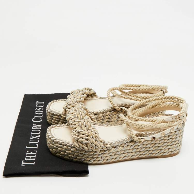Pre Owned Valentino Light Gold/Cream Leather and Rope Rockstud Torchon Wedge Sandals Size 38