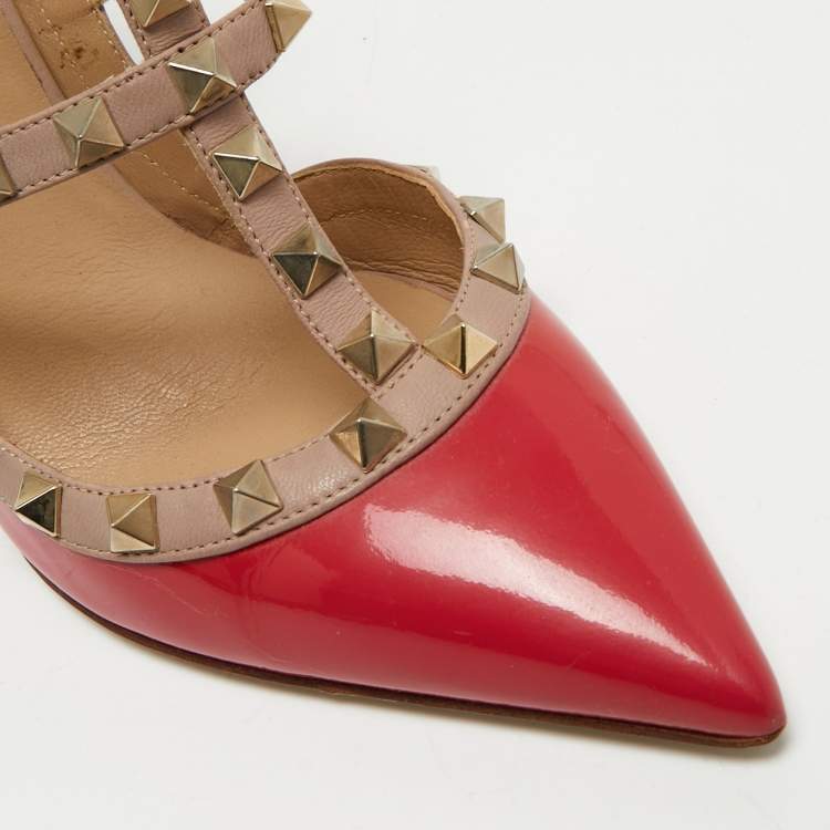 Pre Owned Valentino Red/Beige Patent Leather Rockstud Ankle Strap Pumps Size 37.5