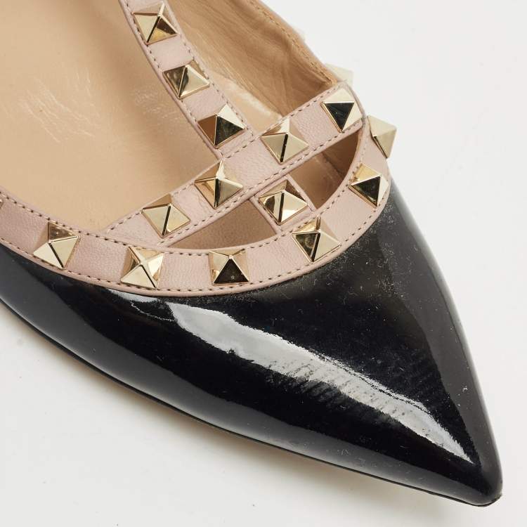 Pre Owned Valentino Black/Beige Patent Leather Rockstud Ballet Flats Size 39.5