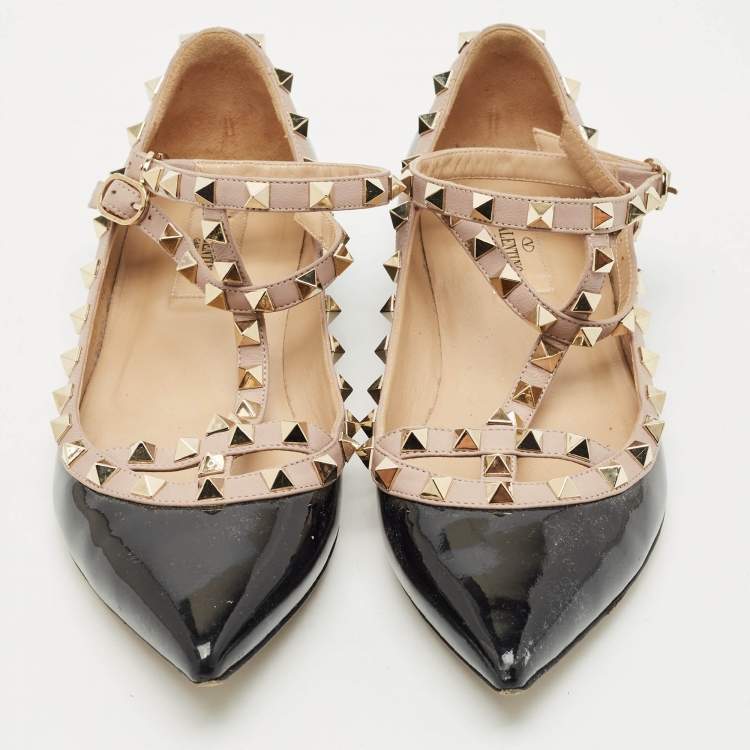 Pre Owned Valentino Black/Beige Patent Leather Rockstud Ballet Flats Size 39.5