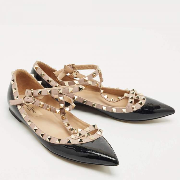 Pre Owned Valentino Black/Beige Patent Leather Rockstud Ballet Flats Size 39.5