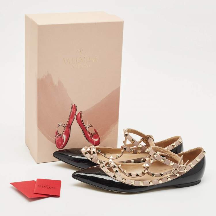 Pre Owned Valentino Black/Beige Patent Leather Rockstud Ballet Flats Size 39.5