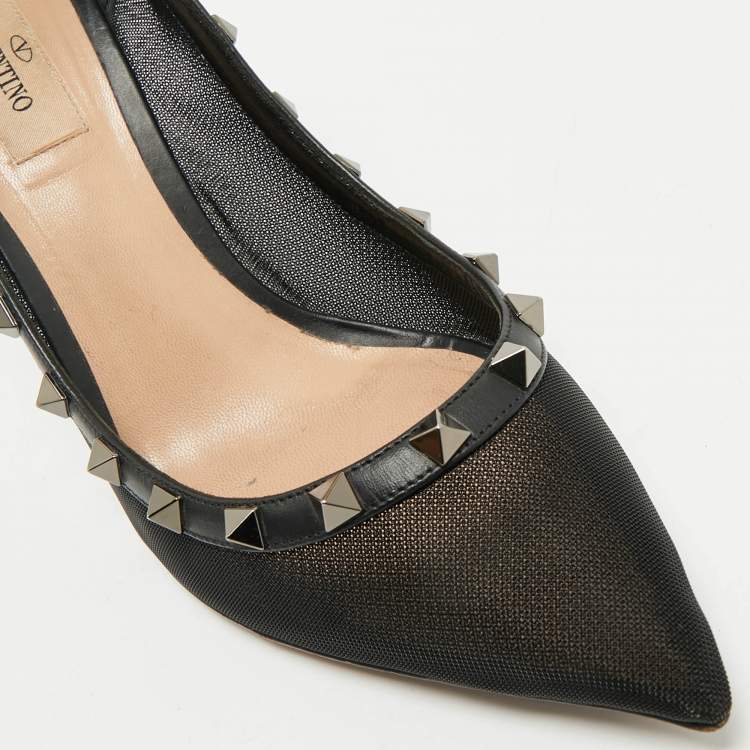 Pre Owned Valentino Black Leather and Mesh Rockstud Pointed Toe Pumps Size 40.5