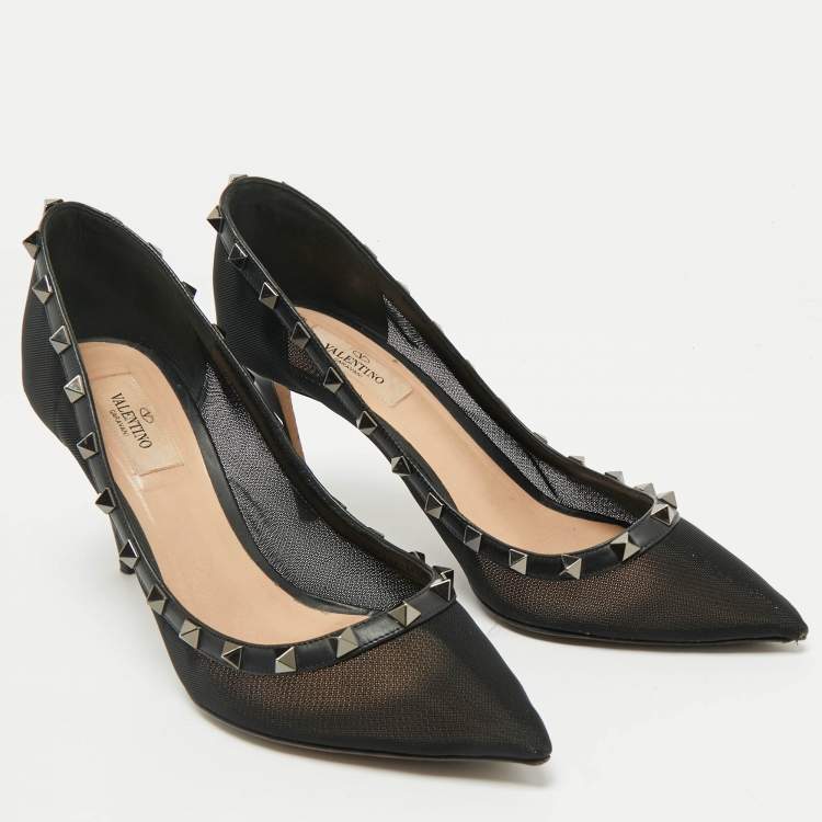 Pre Owned Valentino Black Leather and Mesh Rockstud Pointed Toe Pumps Size 40.5