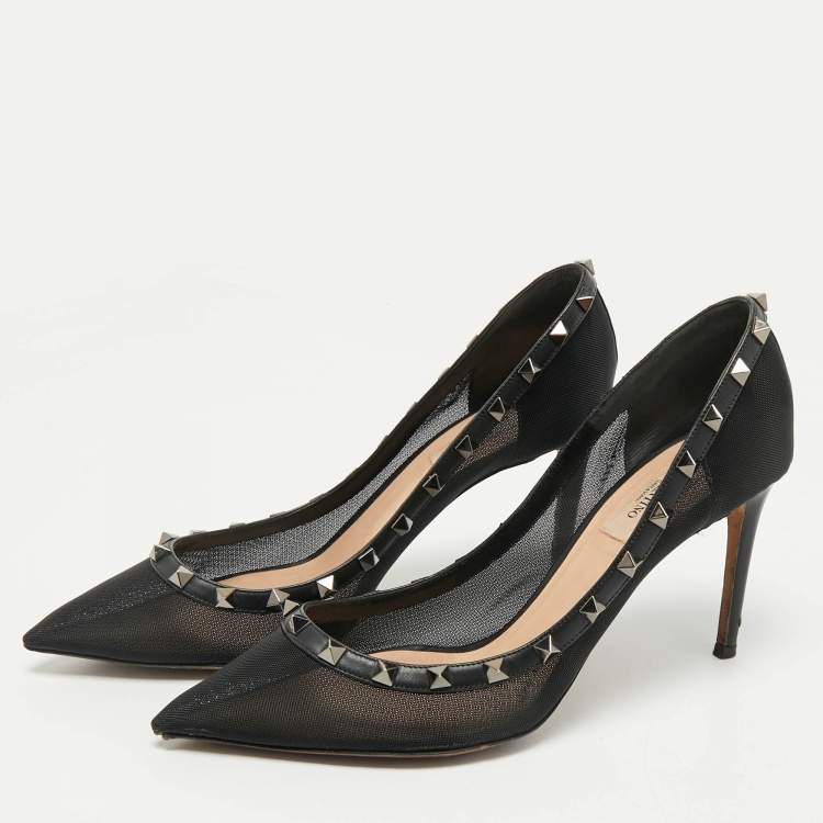 Pre Owned Valentino Black Leather and Mesh Rockstud Pointed Toe Pumps Size 40.5
