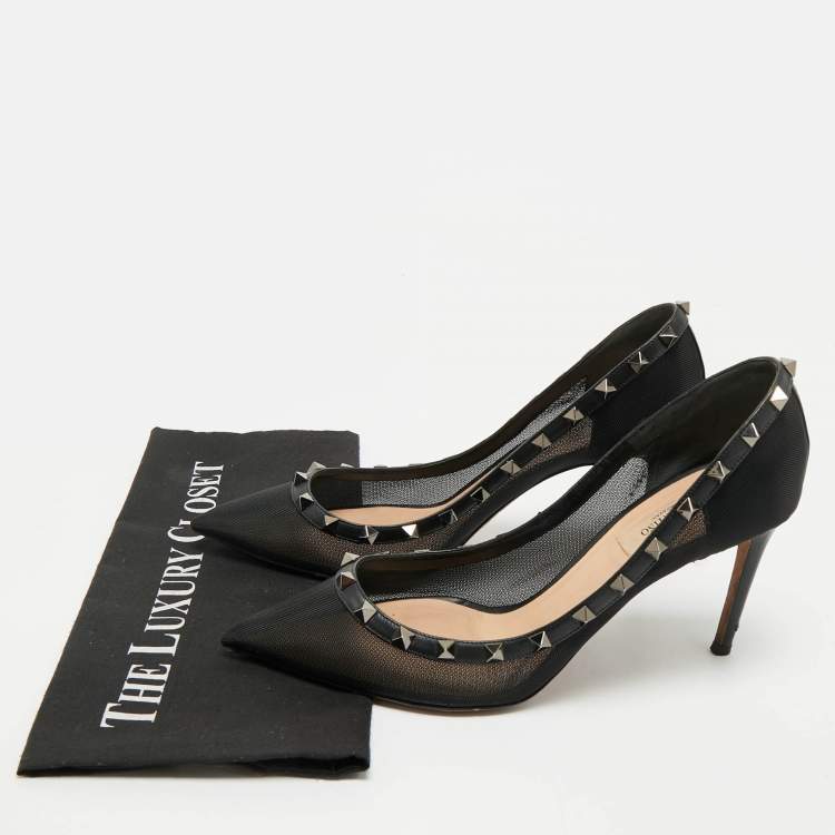 Pre Owned Valentino Black Leather and Mesh Rockstud Pointed Toe Pumps Size 40.5