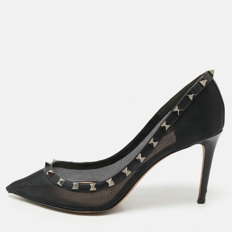 Pre Owned Valentino Black Leather and Mesh Rockstud Pointed Toe Pumps Size 40.5