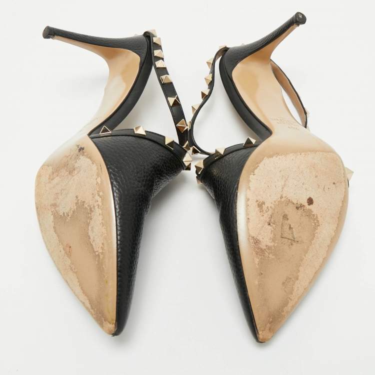Pre Owned Valentino Black Leather Rockstud Heel Mules Size 41.5