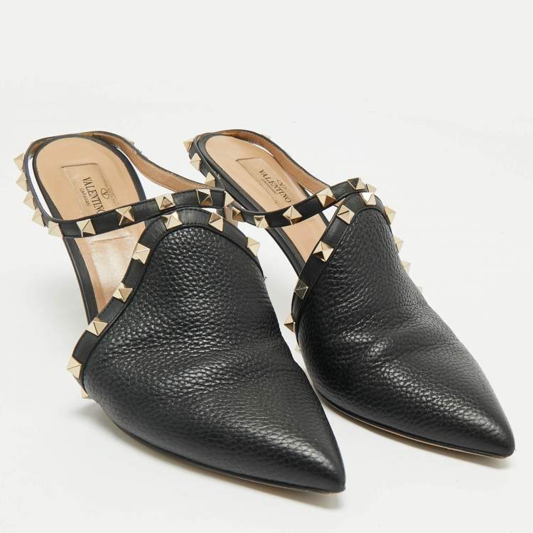 Pre Owned Valentino Black Leather Rockstud Heel Mules Size 41.5