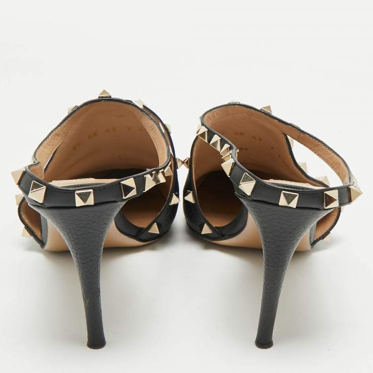 Pre Owned Valentino Black Leather Rockstud Heel Mules Size 41.5