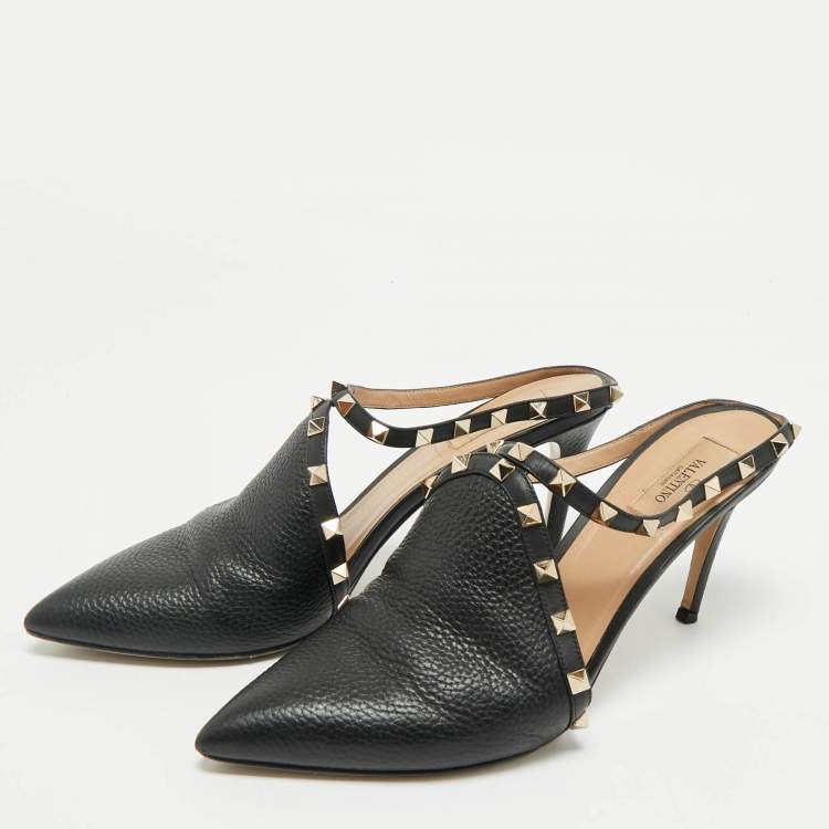 Pre Owned Valentino Black Leather Rockstud Heel Mules Size 41.5