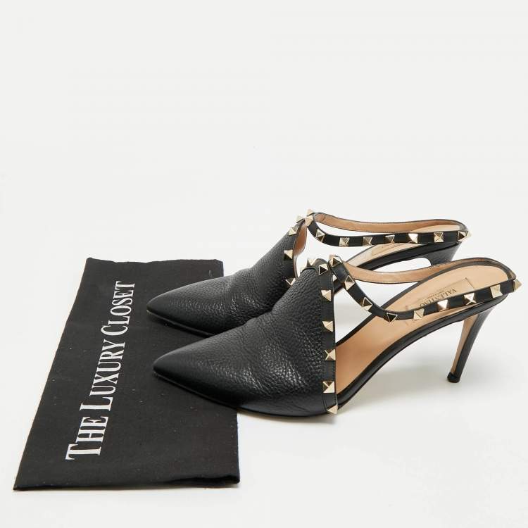 Pre Owned Valentino Black Leather Rockstud Heel Mules Size 41.5