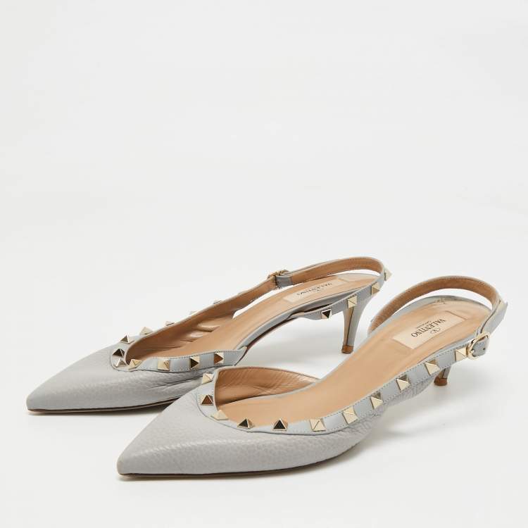 Pre Owned Valentino Light Blue Leather Rockstud Slingback Pumps Size 40.5