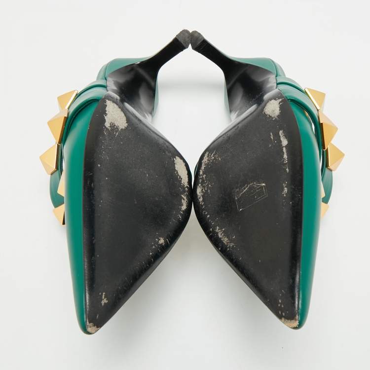 Pre Owned Valentino Dark Green Leather Roman Stud Pointed Toe Mules Size 39.5