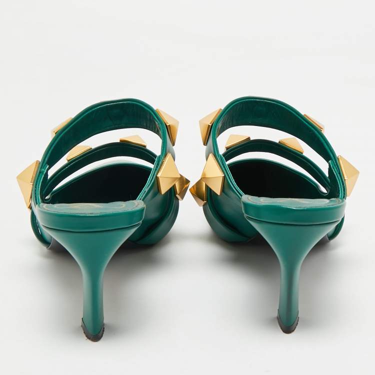 Pre Owned Valentino Dark Green Leather Roman Stud Pointed Toe Mules Size 39.5