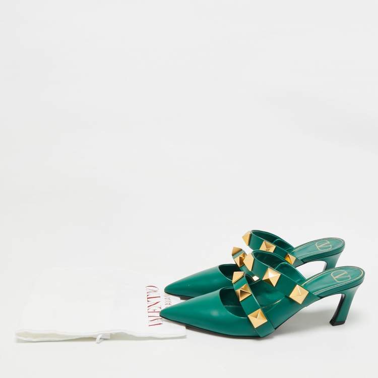 Pre Owned Valentino Dark Green Leather Roman Stud Pointed Toe Mules Size 39.5