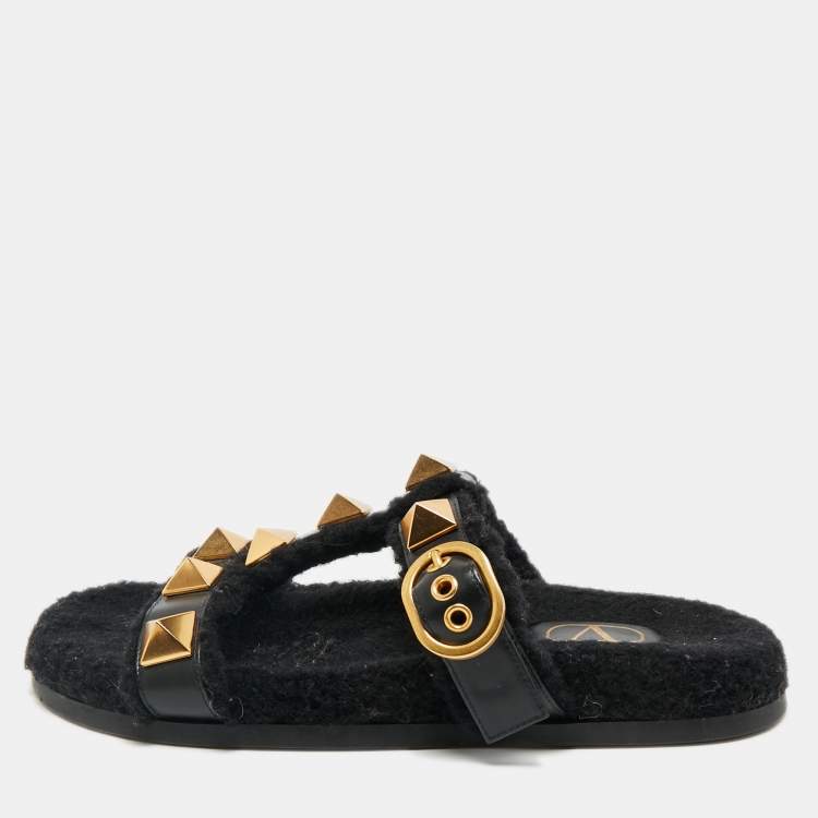 Pre Owned Valentino Black Leather and Shearling Roman Stud Flat Slide Sandals Size 39
