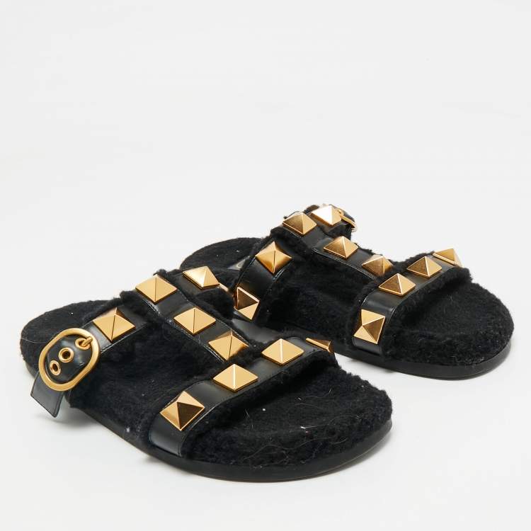Pre Owned Valentino Black Leather and Shearling Roman Stud Flat Slide Sandals Size 39