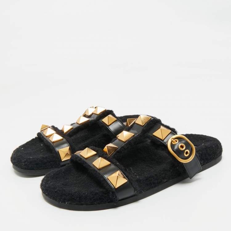 Pre Owned Valentino Black Leather and Shearling Roman Stud Flat Slide Sandals Size 39