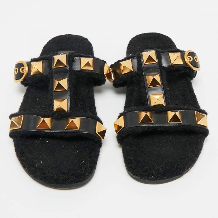 Pre Owned Valentino Black Leather and Shearling Roman Stud Flat Slide Sandals Size 39