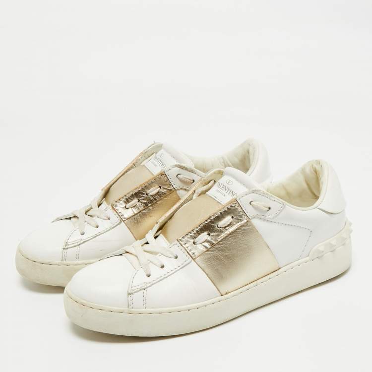 Pre Owned Valentino White/Gold Leather Rockstud Low Top Sneakers Size 37.5
