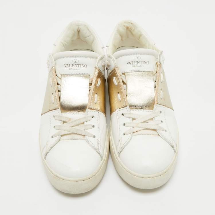 Pre Owned Valentino White/Gold Leather Rockstud Low Top Sneakers Size 37.5