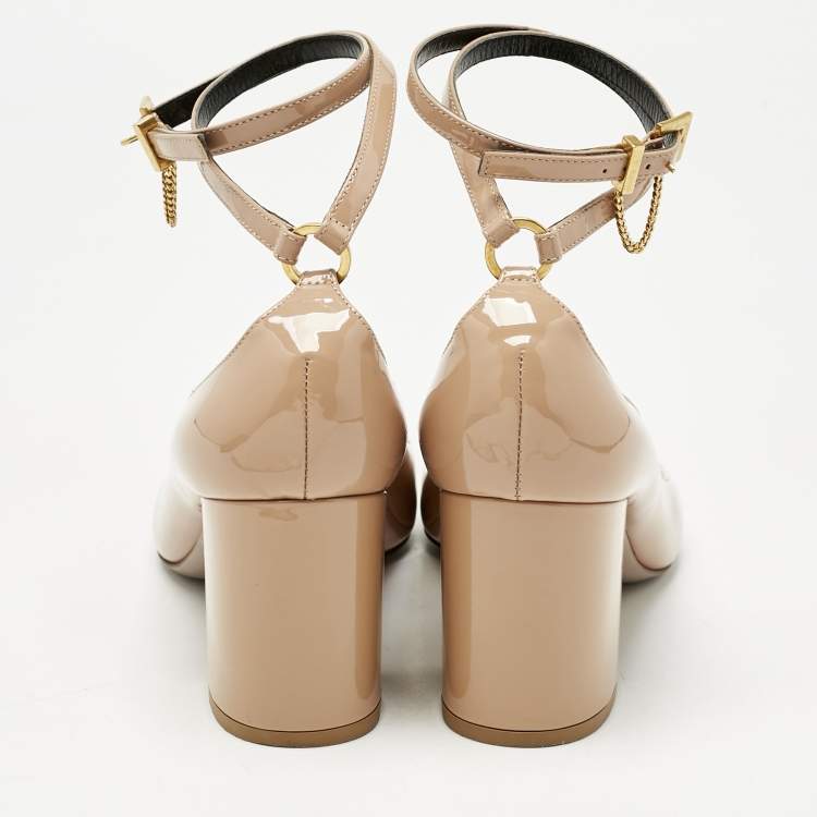 Pre Owned Valentino Beige Patent Leather Tango Block Heel Ankle Strap Pumps Size 40.5
