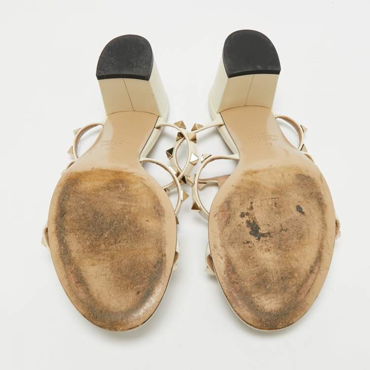 Pre Owned Valentino Ivory White Leather Rockstud Slide Sandals Size 39