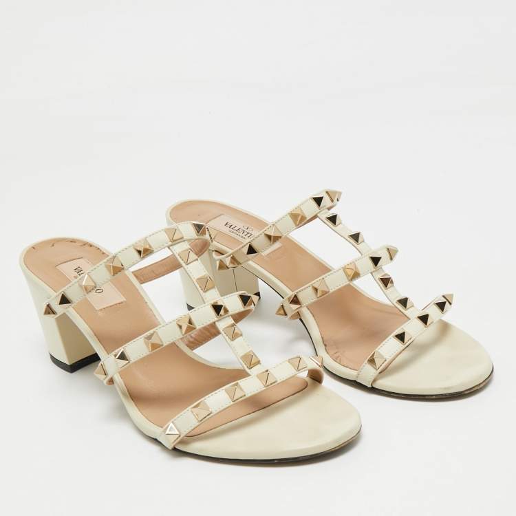 Pre Owned Valentino Ivory White Leather Rockstud Slide Sandals Size 39