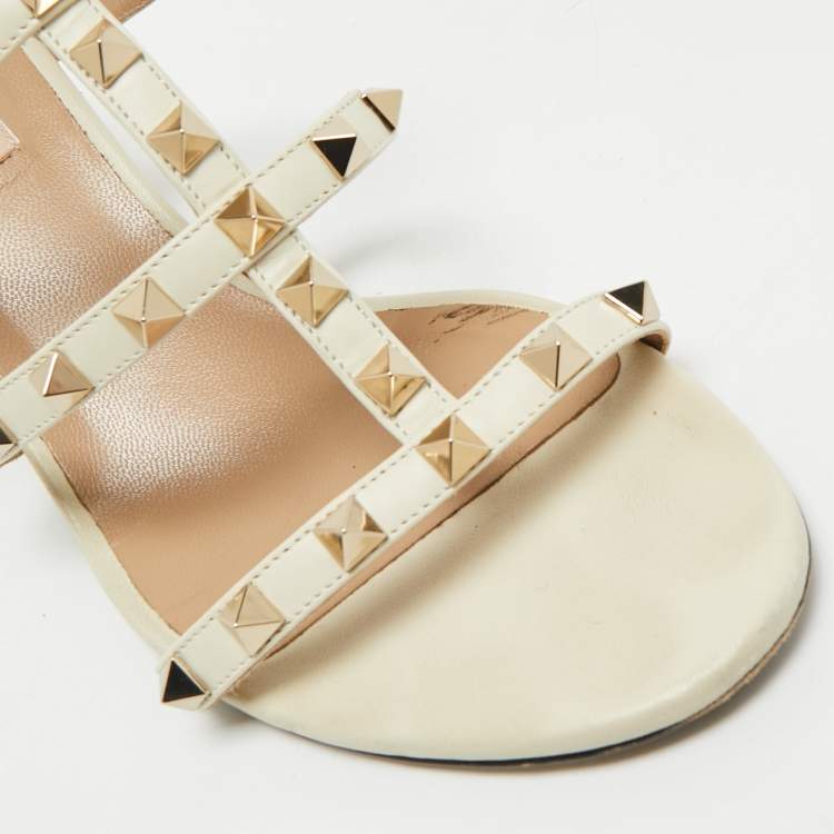Pre Owned Valentino Ivory White Leather Rockstud Slide Sandals Size 39