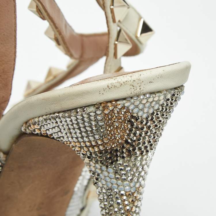 Pre Owned Valentino Multicolor Leather Crystal Embellished Rockstud  Ankle Strap Pumps Size 38