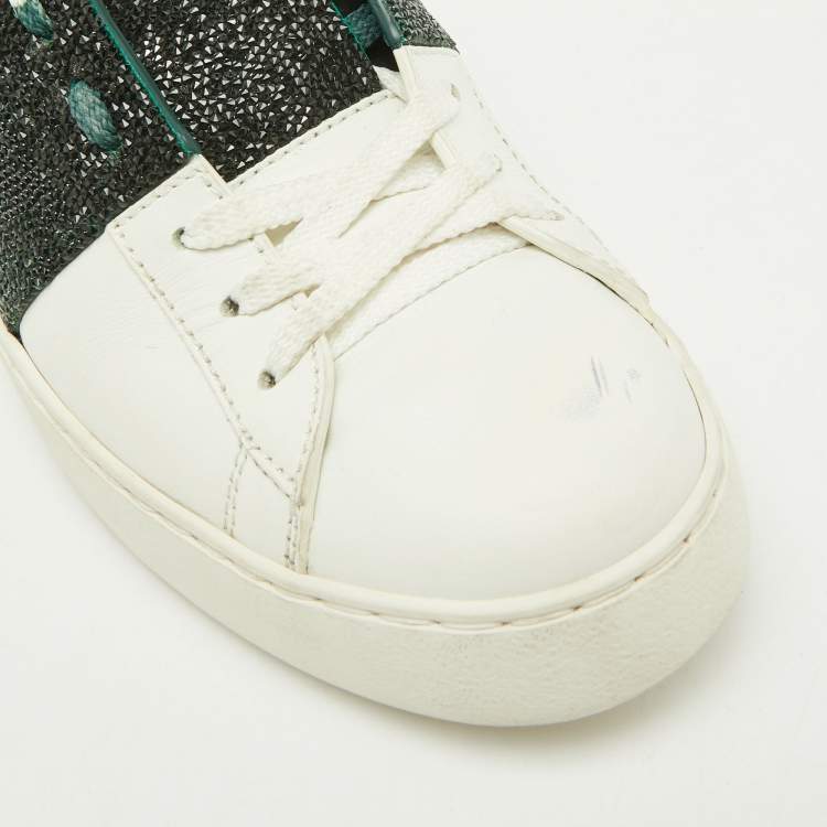 Pre Owned Valentino White/Green Glitter and Leather Rockstud Low Top Sneakers Size 38