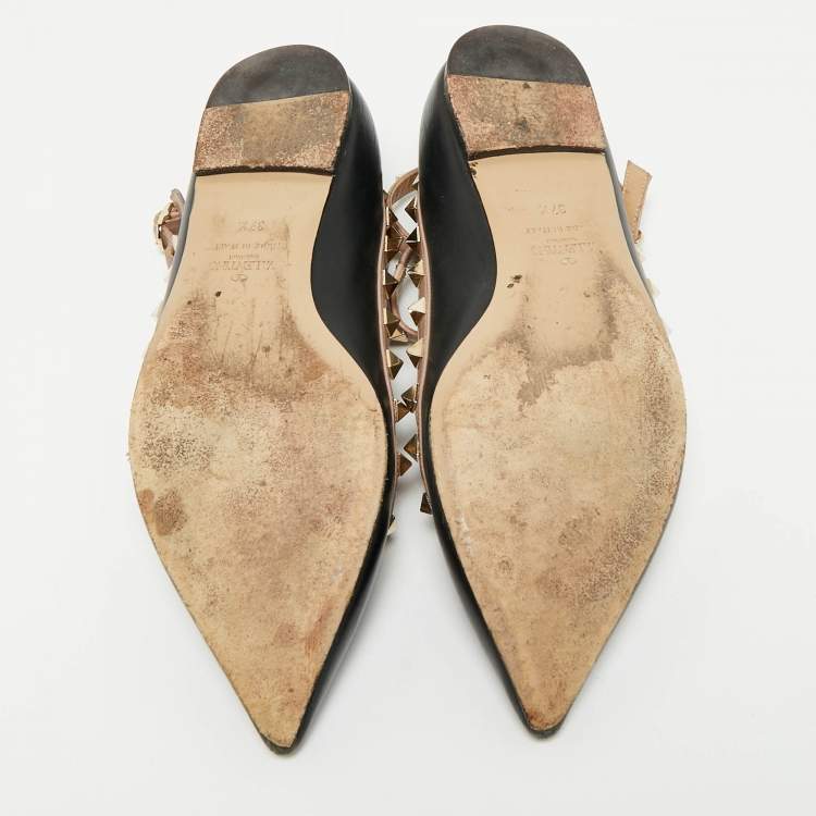 Pre Owned Valentino Black/Beige Leather Rockstud Ballet Flats Size 39.5
